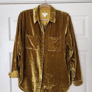 Anthropologie MAEVE Gold - Green Velvet Button Down Long Sleeve Shirt.